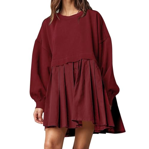ORANDESIGNE Damen Oversized Sweatshirt Kleid Langarm Rundhalsausschnitt Pullover Oberteile Lockere Passform Übergröße Sweatshirts Patchwork Plissee Minikleid Pulloverkleid A Weinrot XL von ORANDESIGNE