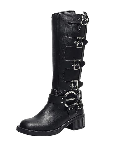 ORANDESIGNE Damen PU Leder Biker Stiefel mit Blockabsatz Mittlerer Wade Reitstiefel Retro Western Cowboy Stiefel Gürtel Schnalle Motro Stiefel Mode Ritterstiefel A Schwarz 41 EU von ORANDESIGNE