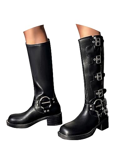 ORANDESIGNE Damen PU Leder Biker Stiefel mit Blockabsatz Mittlerer Wade Reitstiefel Retro Western Cowboy Stiefel Gürtel Schnalle Motro Stiefel Mode Ritterstiefel C Schwarz 39 EU von ORANDESIGNE