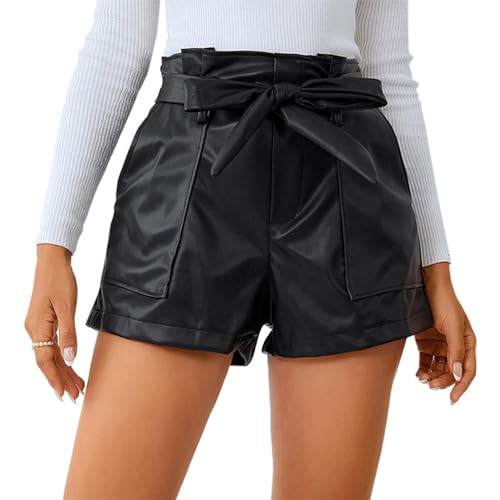ORANDESIGNE Damen PU Leder Shorts Hohe Taille PU Lederoptik Kurze Hose Kunstlederhose Nachtclub Hotpants mit Gürtel C Schwarz M von ORANDESIGNE