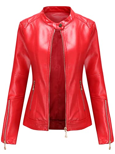 ORANDESIGNE Damen PU Lederjacke Bikerjacke Frühling Herbst Beiläufig Kurz Mantel Kunstlederjacke Übergangsjacke Slim Fit Bomberjacke Motoradjacke Reverskragen Reißverschluss A Rot 3XL von ORANDESIGNE