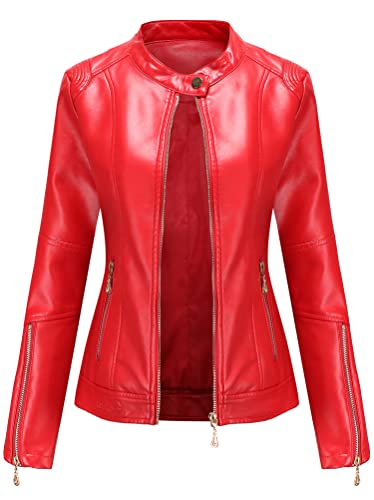 ORANDESIGNE Damen PU Lederjacke Bikerjacke Frühling Herbst Beiläufig Kurz Mantel Kunstlederjacke Übergangsjacke Slim Fit Bomberjacke Motoradjacke Reverskragen Reißverschluss A Rot XXL von ORANDESIGNE