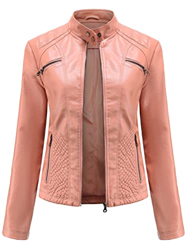 ORANDESIGNE Damen PU Lederjacke Bikerjacke Frühling Herbst Beiläufig Kurz Mantel Kunstlederjacke Übergangsjacke Slim Fit Bomberjacke Motoradjacke Reverskragen Reißverschluss C Rosa M von ORANDESIGNE