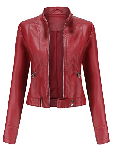 ORANDESIGNE Damen PU Lederjacke Bikerjacke Frühling Herbst Beiläufig Kurz Mantel Kunstlederjacke Übergangsjacke Slim Fit Bomberjacke Motoradjacke Reverskragen Reißverschluss D Weinrot L von ORANDESIGNE