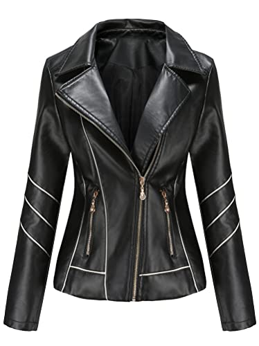 ORANDESIGNE Damen PU Lederjacke Bikerjacke Frühling Herbst Beiläufig Kurz Mantel Kunstlederjacke Übergangsjacke Slim Fit Bomberjacke Motoradjacke Reverskragen Reißverschluss E Schwarz XS von ORANDESIGNE