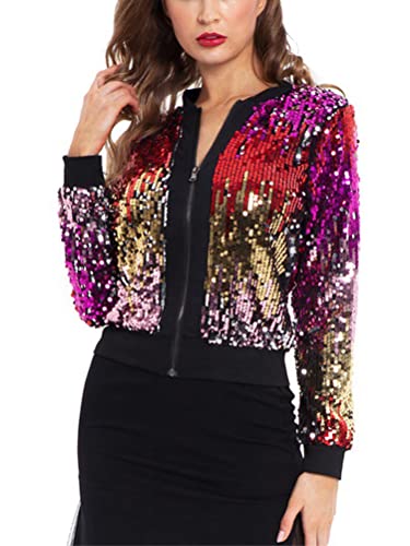 ORANDESIGNE Damen Pailletten Glitzer Mehrfarbige Metallic Sommer Festival Party Bomberjacke Pailletten Crewneck Bomberjacke Glitzer Jacke Langarm Reißverschluss Crop Jacke C Violett XL von ORANDESIGNE