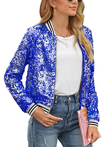 ORANDESIGNE Damen Pailletten Glitzer Mehrfarbige Metallic Sommer Festival Party Bomberjacke Pailletten Crewneck Bomberjacke Glitzer Jacke Langarm Reißverschluss Crop Jacke D Blau XL von ORANDESIGNE