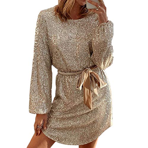 ORANDESIGNE Damen Pailletten Kleid Langarmshirt Bodycon Party Minikleider Sexy Paillettenkleid Abendkleid Minikleid Mit Gürtel 01 Gold M von ORANDESIGNE