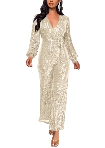 ORANDESIGNE Damen Pailletten Overall Langarm V-Ausschnitt Glitzer Strampler Lockere Hose Party Clubwear Einteiler Lang Abend Jumpsuit Elegant Playsuit Romper Hosenanzug mit Gürtel A Aprikose 3XL von ORANDESIGNE