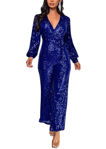 ORANDESIGNE Damen Pailletten Overall Langarm V-Ausschnitt Glitzer Strampler Lockere Hose Party Clubwear Einteiler Lang Abend Jumpsuit Elegant Playsuit Romper Hosenanzug mit Gürtel A Blau L von ORANDESIGNE