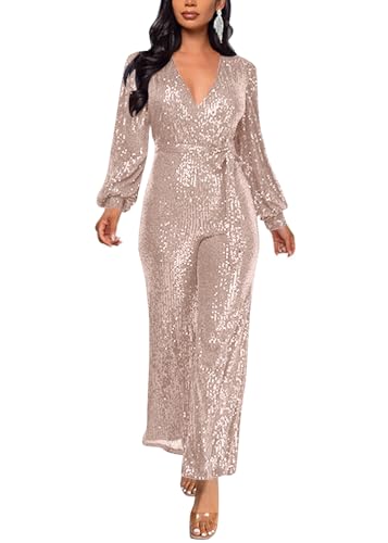 ORANDESIGNE Damen Pailletten Overall Langarm V-Ausschnitt Glitzer Strampler Lockere Hose Party Clubwear Einteiler Lang Abend Jumpsuit Elegant Playsuit Romper Hosenanzug mit Gürtel A Champagner L von ORANDESIGNE