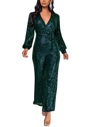 ORANDESIGNE Damen Pailletten Overall Langarm V-Ausschnitt Glitzer Strampler Lockere Hose Party Clubwear Einteiler Lang Abend Jumpsuit Elegant Playsuit Romper Hosenanzug mit Gürtel A Dunkelgrün M von ORANDESIGNE