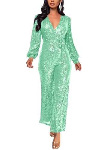 ORANDESIGNE Damen Pailletten Overall Langarm V-Ausschnitt Glitzer Strampler Lockere Hose Party Clubwear Einteiler Lang Abend Jumpsuit Elegant Playsuit Romper Hosenanzug mit Gürtel A Grün M von ORANDESIGNE