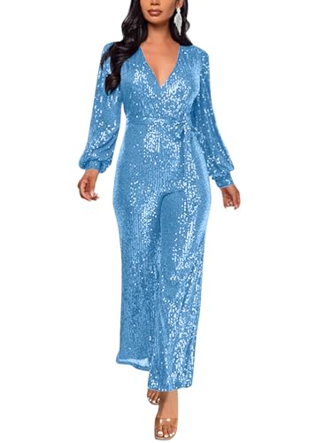 ORANDESIGNE Damen Pailletten Overall Langarm V-Ausschnitt Glitzer Strampler Lockere Hose Party Clubwear Einteiler Lang Abend Jumpsuit Elegant Playsuit Romper Hosenanzug mit Gürtel A Hellblau M von ORANDESIGNE