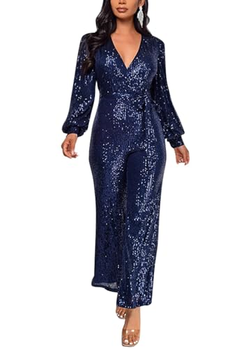 ORANDESIGNE Damen Pailletten Overall Langarm V-Ausschnitt Glitzer Strampler Lockere Hose Party Clubwear Einteiler Lang Abend Jumpsuit Elegant Playsuit Romper Hosenanzug mit Gürtel A Marine L von ORANDESIGNE