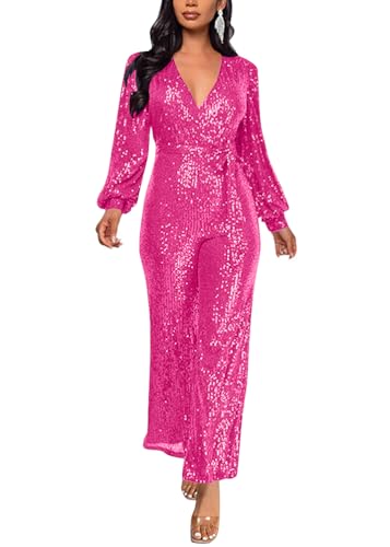ORANDESIGNE Damen Pailletten Overall Langarm V-Ausschnitt Glitzer Strampler Lockere Hose Party Clubwear Einteiler Lang Abend Jumpsuit Elegant Playsuit Romper Hosenanzug mit Gürtel A Rosenrot 3XL von ORANDESIGNE