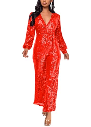 ORANDESIGNE Damen Pailletten Overall Langarm V-Ausschnitt Glitzer Strampler Lockere Hose Party Clubwear Einteiler Lang Abend Jumpsuit Elegant Playsuit Romper Hosenanzug mit Gürtel A Rot L von ORANDESIGNE