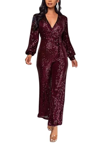 ORANDESIGNE Damen Pailletten Overall Langarm V-Ausschnitt Glitzer Strampler Lockere Hose Party Clubwear Einteiler Lang Abend Jumpsuit Elegant Playsuit Romper Hosenanzug mit Gürtel A Rotwein 3XL von ORANDESIGNE