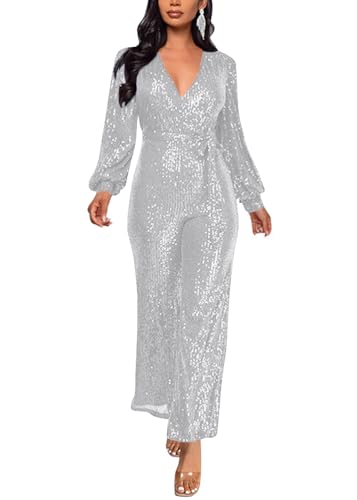 ORANDESIGNE Damen Pailletten Overall Langarm V-Ausschnitt Glitzer Strampler Lockere Hose Party Clubwear Einteiler Lang Abend Jumpsuit Elegant Playsuit Romper Hosenanzug mit Gürtel A Silber L von ORANDESIGNE