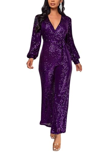 ORANDESIGNE Damen Pailletten Overall Langarm V-Ausschnitt Glitzer Strampler Lockere Hose Party Clubwear Einteiler Lang Abend Jumpsuit Elegant Playsuit Romper Hosenanzug mit Gürtel A Violett M von ORANDESIGNE