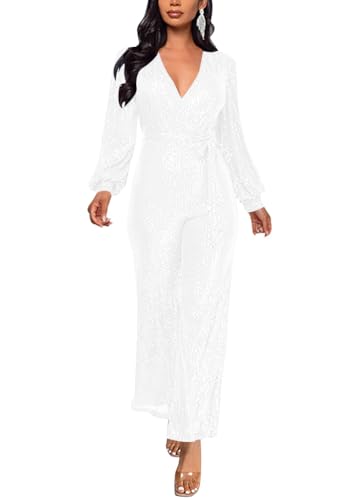 ORANDESIGNE Damen Pailletten Overall Langarm V-Ausschnitt Glitzer Strampler Lockere Hose Party Clubwear Einteiler Lang Abend Jumpsuit Elegant Playsuit Romper Hosenanzug mit Gürtel A Weiß XL von ORANDESIGNE