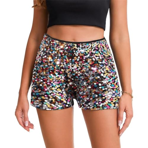 ORANDESIGNE Damen Pailletten Short Glitzer Party Shorts Freizeitshort für Nacht Club Festivals Outfits Glänzend Kurz Hose Tanzshorts High Elastic Hot Pants A Mehrfarbig L von ORANDESIGNE