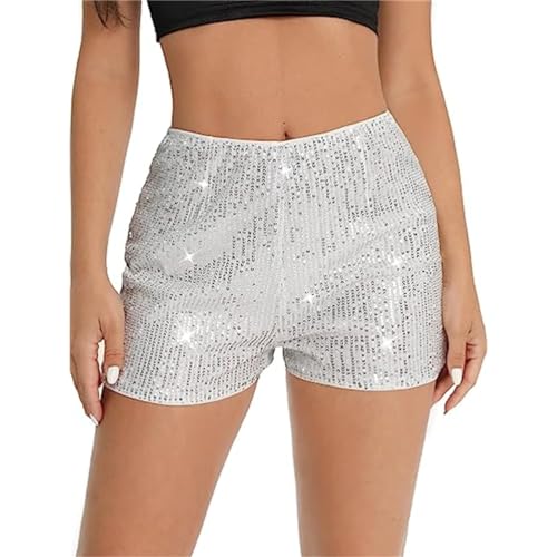 ORANDESIGNE Damen Pailletten Short Glitzer Party Shorts Freizeitshort für Nacht Club Festivals Outfits Glänzend Kurz Hose Tanzshorts High Elastic Hot Pants A Silber S von ORANDESIGNE