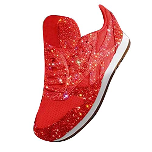 ORANDESIGNE Damen Pailletten Sneaker Flach Schuhe Freizeit Schnürer Sportschuhe Glänzende Schuhe Laufschuhe Sneaker Rot 40 EU von ORANDESIGNE
