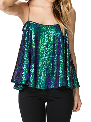 ORANDESIGNE Damen Pailletten Tops Sparkle Shimmer Weste Ärmellos V-Ausschnitt U-Back Side Split Bluse Tunika Trägertops Perlen Ärmellos Top Sommer Spaghettiträger Top D Grün M von ORANDESIGNE