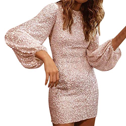 ORANDESIGNE Damen Paillettenkleid Langarm Pailletten Minikleider Sexy Laterne Ärmel Kleid Glitzer Pailletten Kurz Party Kleider Abendkleid 02 Rosa Medium von ORANDESIGNE