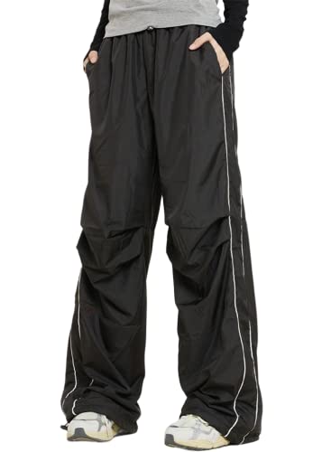 ORANDESIGNE Damen Parachute Hosen Y2k Hosen Baggy Cargohose Fallschirmhose Teenager Y2K Weites Bein Track Pants Vintage Baggy Hosen für Frauen 90er Streetwear Freizeithose Sweathose T Schwarz XL von ORANDESIGNE