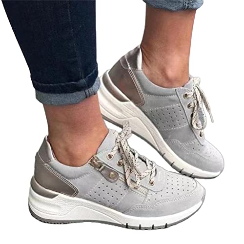 ORANDESIGNE Damen Plateau Sneaker Freizeitschuhe Mode Keilabsatz Flache Schuhe Schnüren Bequeme Sneakers Weiblich Atmungsaktive Outdoor Laufschuhe A Grau 35 EU von ORANDESIGNE