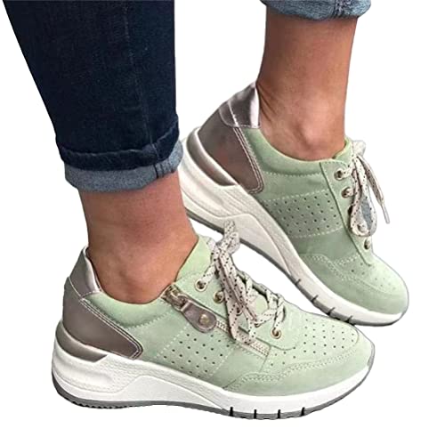 ORANDESIGNE Damen Plateau Sneaker Freizeitschuhe Mode Keilabsatz Flache Schuhe Schnüren Bequeme Sneakers Weiblich Atmungsaktive Outdoor Laufschuhe A Grün 38 EU von ORANDESIGNE