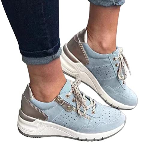 ORANDESIGNE Damen Plateau Sneaker Freizeitschuhe Mode Keilabsatz Flache Schuhe Schnüren Bequeme Sneakers Weiblich Atmungsaktive Outdoor Laufschuhe A Hellblau 36 EU von ORANDESIGNE