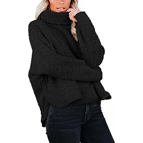 ORANDESIGNE Damen Plüsch Pullover Teddy Fleece Sweatshirt Einfarbig Warm Weich Rollkragen Pelz Pullover Lange Ärmel Rollkragenpulli Lockeres Oberteil Herbst Winter A Schwarz M von ORANDESIGNE