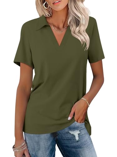 ORANDESIGNE Damen-Poloshirt, kurzärmelig, V-Ausschnitt, Sommer, Kragen, lässig, lockere T-Shirts, Grün (Army Green), Groß von ORANDESIGNE