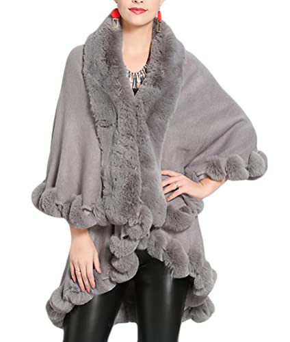 ORANDESIGNE Damen Poncho Cape Winter Umhang Strickjacken mit Kunstfell Kragen Warm Kunstpelz Mäntel Stolen Umhang Damen Poncho Cape Für Winter Hochzeit Abend Braut E Dunkelgrau von ORANDESIGNE