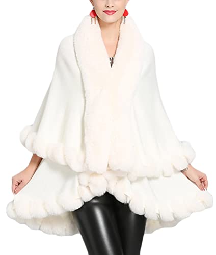 ORANDESIGNE Damen Poncho Cape Winter Umhang Strickjacken mit Kunstfell Kragen Warm Kunstpelz Mäntel Stolen Umhang Damen Poncho Cape Für Winter Hochzeit Abend Braut E Weiß von ORANDESIGNE