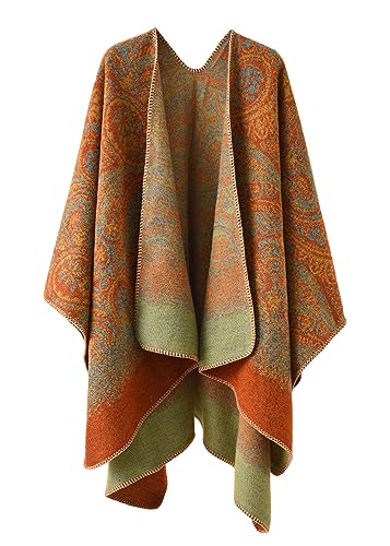 ORANDESIGNE Damen Poncho Schal Cashmere Feeling Strick Cape Cardigan Gestrickt übergroßer Decke Kap-Schal Ethnischer Druck Deckenstoffschaln Herbst Winter Für Frauen Mutter Geschenk C Orange von ORANDESIGNE