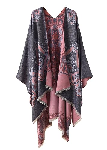 ORANDESIGNE Damen Poncho Schal Cashmere Feeling Strick Cape Cardigan Gestrickt übergroßer Decke Kap-Schal Ethnischer Druck Deckenstoffschaln Herbst Winter Für Frauen Mutter Geschenk D Blau von ORANDESIGNE