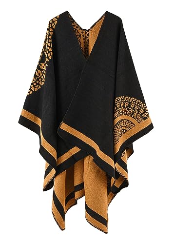 ORANDESIGNE Damen Poncho Schal Cashmere Feeling Strick Cape Cardigan Gestrickt übergroßer Decke Kap-Schal Ethnischer Druck Deckenstoffschaln Herbst Winter Für Frauen Mutter Geschenk F Gelb von ORANDESIGNE