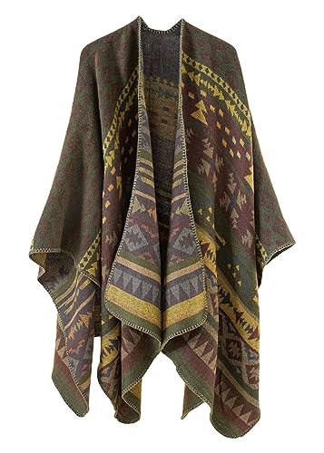 ORANDESIGNE Damen Poncho Schal Cashmere Feeling Strick Cape Cardigan Gestrickt übergroßer Decke Kap-Schal Ethnischer Druck Deckenstoffschaln Herbst Winter Für Frauen Mutter Geschenk G Grün von ORANDESIGNE