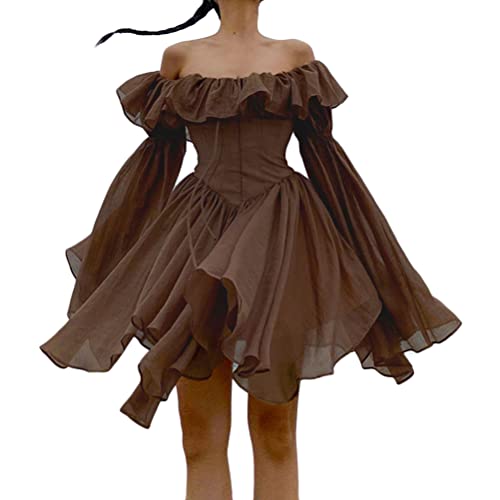 ORANDESIGNE Damen Puffärmel Kleid Schulterfrei Minikleid Quadratischer Ausschnitt Rüschen A Linie Flowy Swing Kleid Gesmoktes Kurzes Kleid Süßes Französisches Kleid R Braun S von ORANDESIGNE