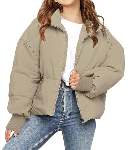 ORANDESIGNE Damen Puffer Jacke Kurz Winter Warm Gesteppte Dicke Winterjacke Übergangsjacke Outdoor Langarm Baumwolljacke Outdoorjacke B Aprikose XS von ORANDESIGNE