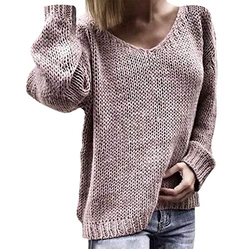 ORANDESIGNE Damen Pulli Langarm T-Shirt V-Ausschnitt Lose Bluse Hemd Pullover Oversize Sweatshirt Oberteil Tops Herbst und Winter Warm Strickpullover Rosa DE 34 von ORANDESIGNE