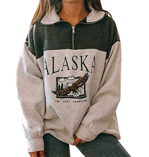ORANDESIGNE Damen Pullover Alaska Buchstaben drucken Eagle Graphic Loose Casual Langarm Hip Hop High Neck Half Zip Sweatshirt A Grau L von ORANDESIGNE