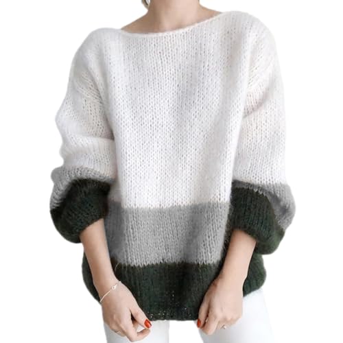ORANDESIGNE Damen Pullover Colorblock Langarm Rundhals Strickpullover Gestreift Mohair Pullover Strickwaren Tops Elegant Gestreifter Pullover Herbst Winter Pulli Oberteil Sweater B Grau L von ORANDESIGNE
