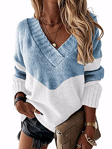 ORANDESIGNE Damen Pullover Elegant V-Ausschnitt Colorblock Leopard Lockerer Pulli Langarm Warmer Mode Einfarbig Sweater Casual Lose Pullover Strickpullover Jumper Oberteil A Blau XL von ORANDESIGNE