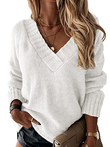 ORANDESIGNE Damen Pullover Elegant V-Ausschnitt Colorblock Leopard Lockerer Pulli Langarm Warmer Mode Einfarbig Sweater Casual Lose Pullover Strickpullover Jumper Oberteil C Weiß M von ORANDESIGNE