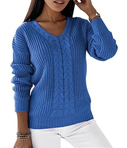 ORANDESIGNE Damen Pullover Grobstrick Strickpullover Zopfmuster V-Ausschnitt Elegant Langarmshirt Slim Fit Knitted Sweater Vintage Herbst Winter Langarm Oberteile Casual Strickpulli Blau XXL von ORANDESIGNE